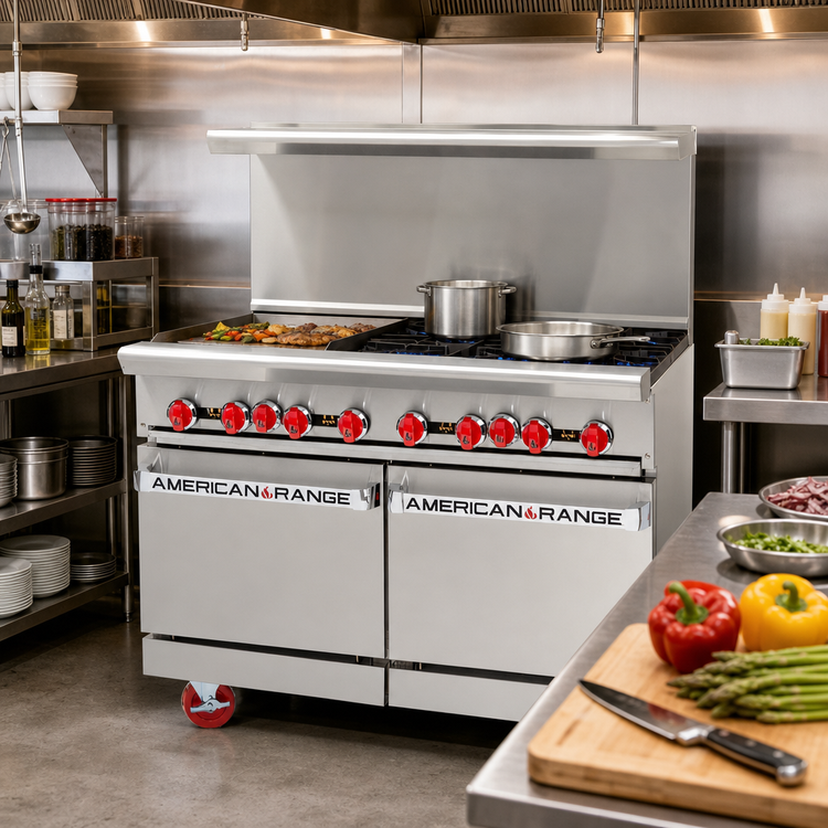 Product image #2 for American Range 48-Inch Gas Restaurant Range with 12-Inch Left Griddle, 6 Open Burners, and 2 Space Saver Ovens