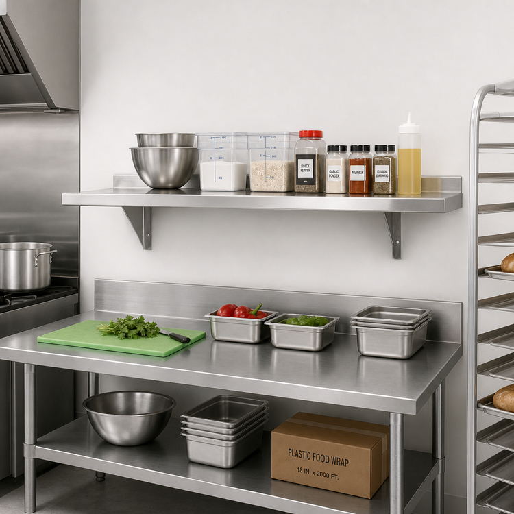 Product image #2 for Advance Tabco Special Value Series Wall-Mounted Stainless Steel Shelf, 42"W x 12"D, 18 Gauge, Satin Finish