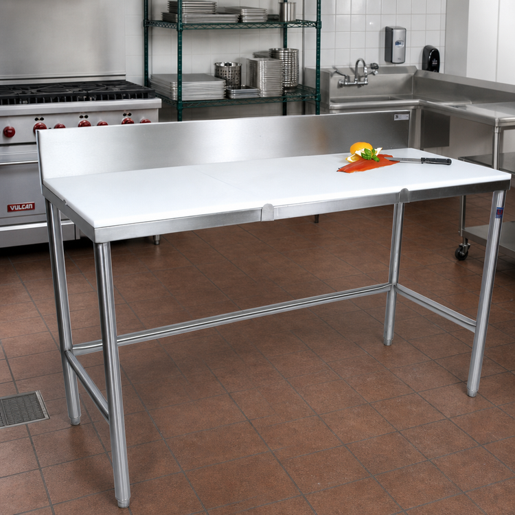 Product image #2 for John Boos TC101 72" x 30" Reversible Poly Top Trimming Table with 6" Boxed Backsplash and Stainless Steel Base