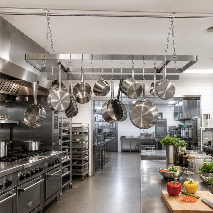 Product image #3 for 60-Inch Ceiling-Hung Triple-Bar Stainless Steel Pot Rack with 18 Double Hooks