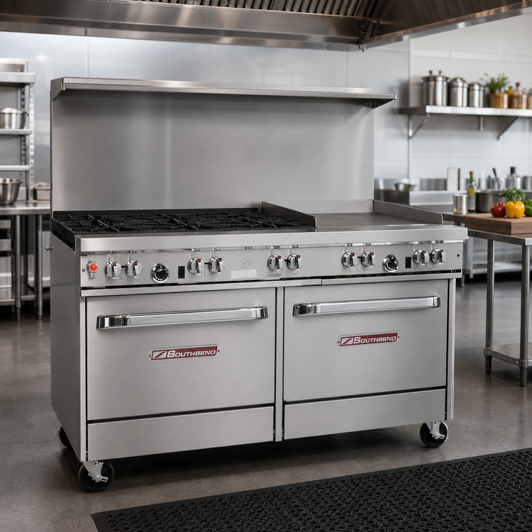 Product image #2 for Southbend Ultimate 60-Inch Gas Restaurant Range with 4 Open Burners, 36-Inch Griddle, and 2 Cabinets
