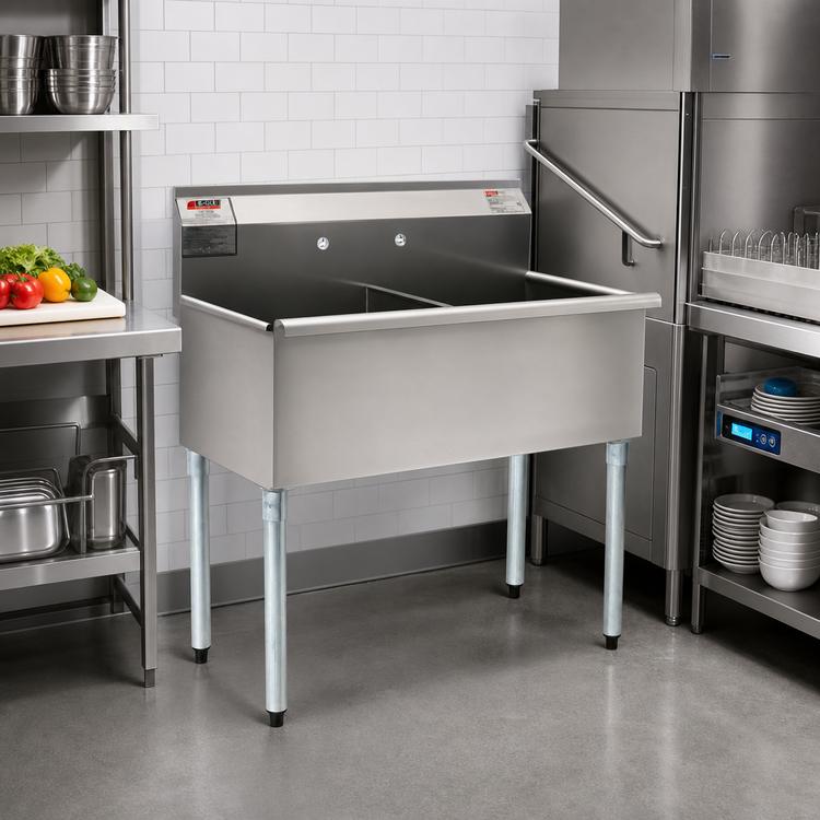 Product image #2 for Eagle Group Two-Compartment Utility Sink, 49-3/8"W x 28"D, 16-Gauge 304 Stainless Steel, Galvanized Legs