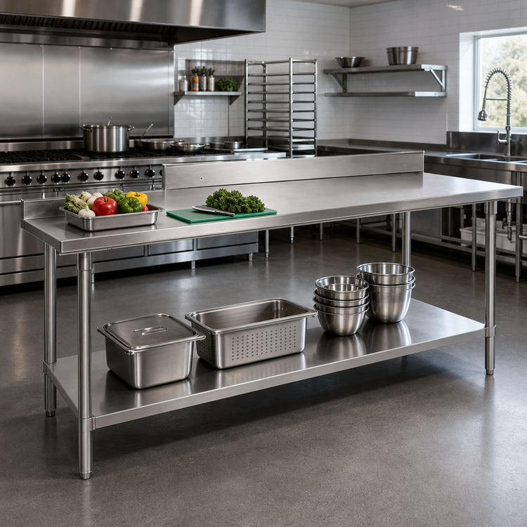 Product image #2 for Advance Tabco 108-Inch x 24-Inch Stainless Steel Work Table with 5-Inch Backsplash and Adjustable Undershelf