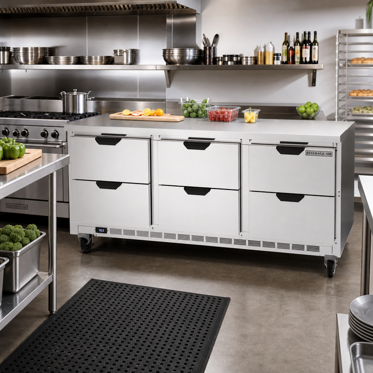 Product image #2 for Beverage-Air 72-Inch Three-Section Worktop Refrigerator with 6 Drawers and Flat Top