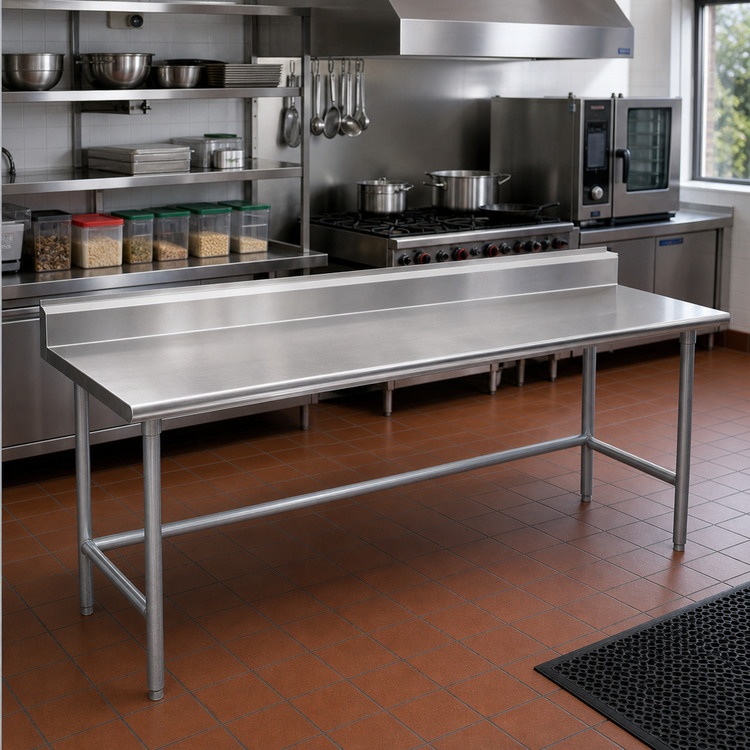 Product image #2 for Advance Tabco 144-Inch x 36-Inch 16-Gauge 304 Stainless Steel Work Table with 5-Inch Backsplash and Galvanized Open Base