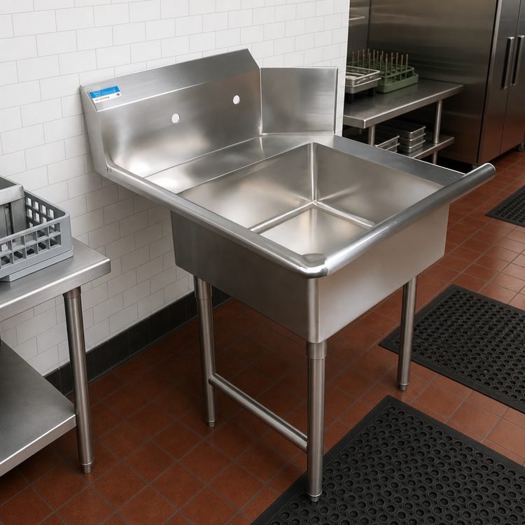 Product image #2 for BK Resources 48-Inch Left-Side Straight Soiled Dish Table with 20 x 20 x 8 Welded Sink, 10-Inch Backsplash, and Stainless Steel Legs