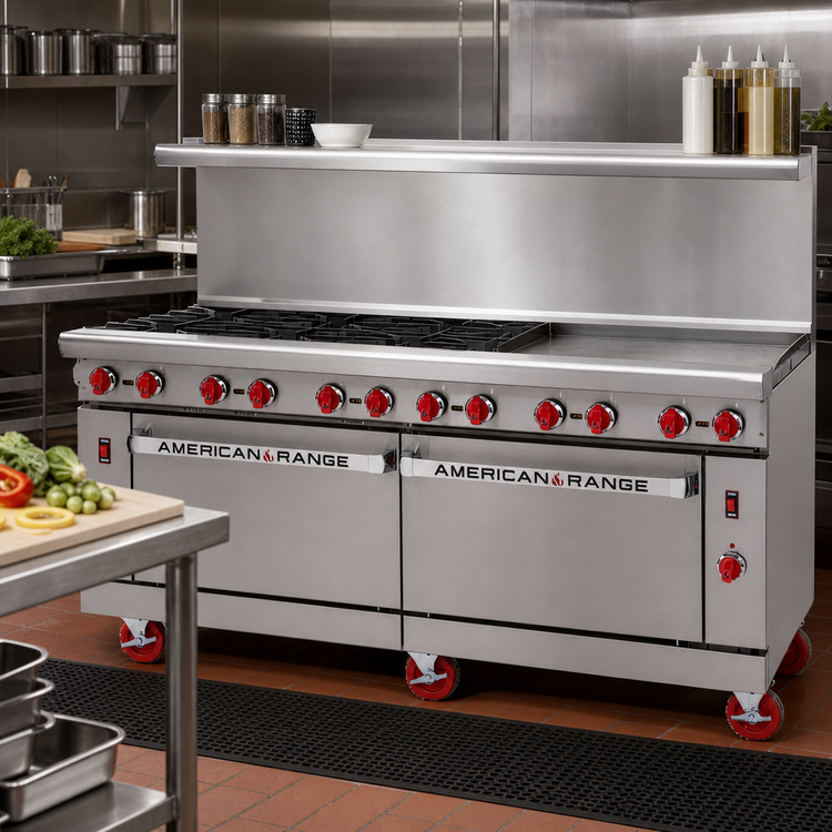 Product image #2 for American Range Green Flame 72-Inch Gas Combo Range with 48-Inch Griddle, 4 Open Burners, and 2 Convection Ovens