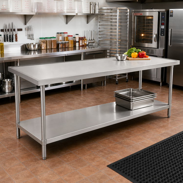 Product image #2 for Advance Tabco 120" x 48" 14-Gauge 304 Stainless Steel Work Table with Adjustable Undershelf and No-Drip Countertop Edge