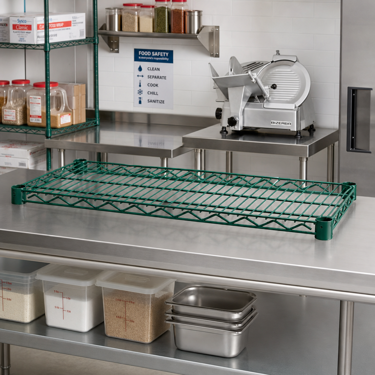 Product image #3 for Advance Tabco Special Value Heavy-Duty 72-Inch x 18-Inch Green Epoxy Coated Wire Shelf