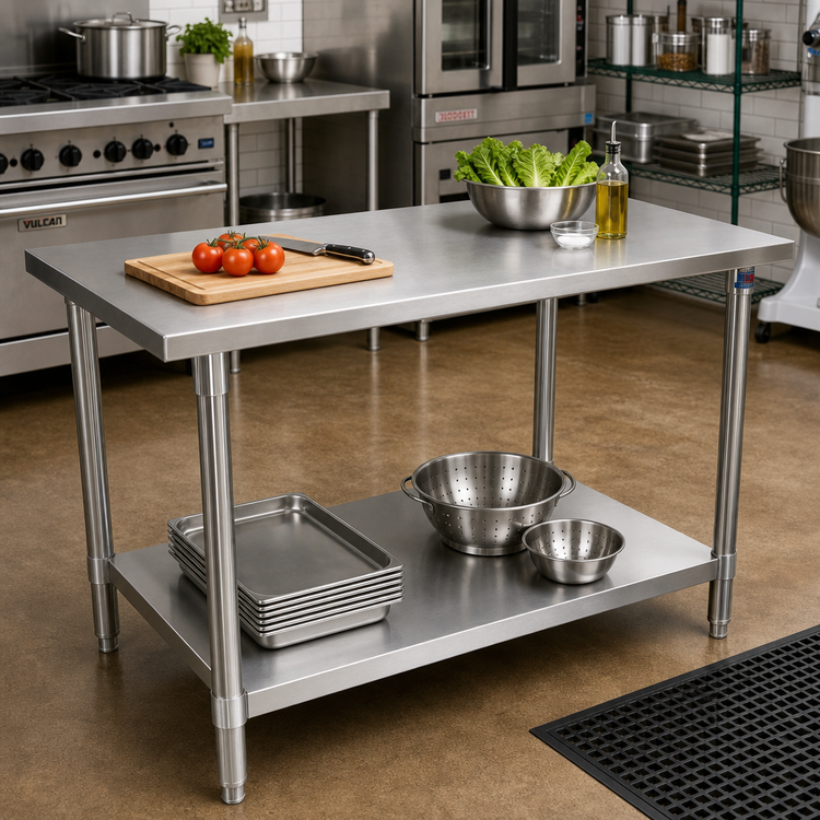 Product image #2 for John Boos Stallion 84-Inch x 24-Inch 16-Gauge Stainless Steel Flat Top Work Table with Galvanized Legs and Adjustable Undershelf