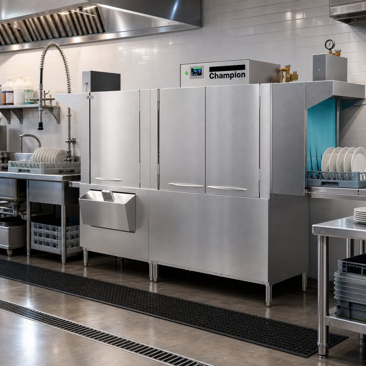 Product image #2 for Champion Pro Series 90 PRO-HD Electric High-Temperature Rack Conveyor Dishwasher with 54-Inch Single Tank and 36-Inch Heavy-Duty Prewash