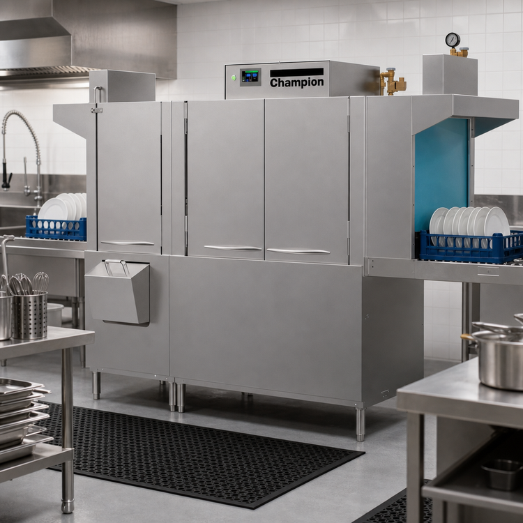 Product image #2 for Champion E-Series DualRinse 76 PRO High-Temperature Rack Conveyor Dishwasher with 54-Inch Single Tank and 22-Inch Prewash