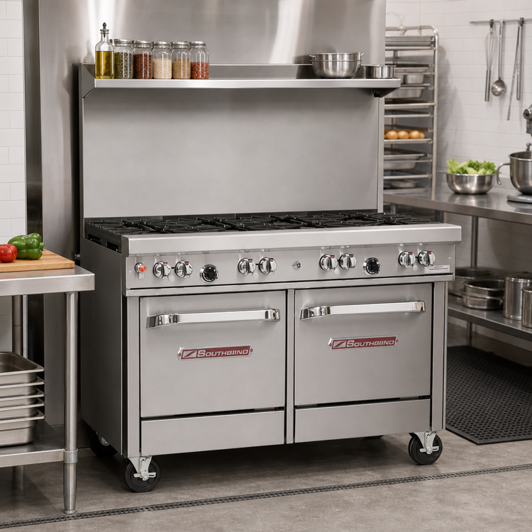 Product image #2 for Southbend Ultimate 48-Inch Commercial Gas Restaurant Range with 7 Open Burners, Standard Oven, Cabinet Base, and Shelf Backriser