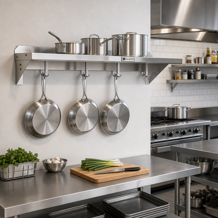 Product image #2 for John Boos Stallion Wall-Mount Commercial Pot Rack Shelf, 36 x 18 x 13 Inches, Stainless Steel, 3 Hooks