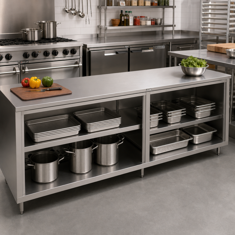 Product image #2 for John Boos Open Front Cabinet Base Stainless Steel Work Table, 144 x 24 Inches, 14-Gauge 300-Series Top