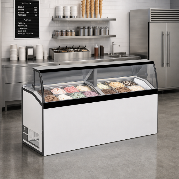 Product image #2 for Master-Bilt Low Curved Glass Ice Cream Dipping/Display Merchandiser, 16 Display / 12 Storage 3-Gallon Tubs