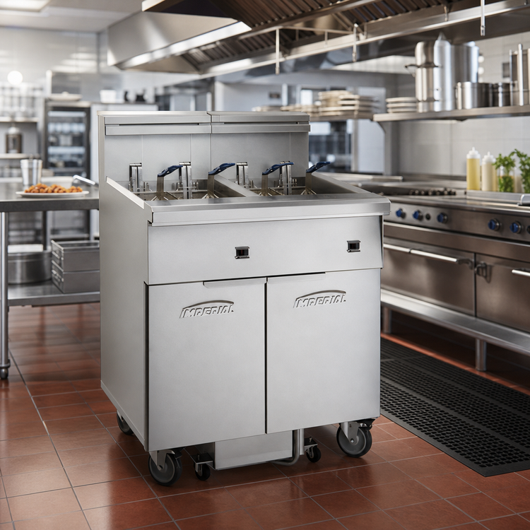 Product image #2 for Imperial Four-Tank Electric Floor Fryer with Built-In Space Saver Filter System, 75 lb. Oil Capacity Per Tank