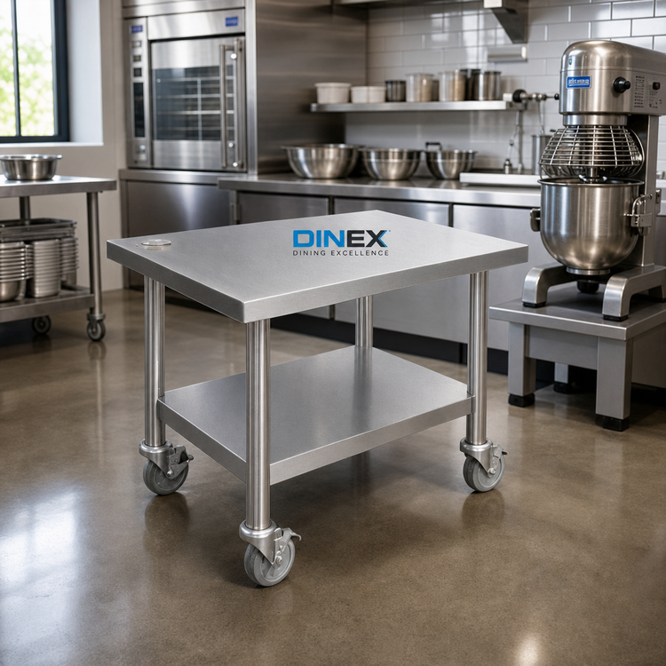 Product image #2 for Dinex Stainless Steel Bench-Type Mixer Stand with Open Base, Undershelf, and Casters