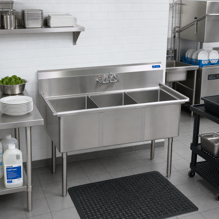 Product image #2 for BK Resources Three Compartment Stainless Steel Sink, No Drainboards, 16 x 20 x 12 Inch Bowls, 9-Inch Backsplash