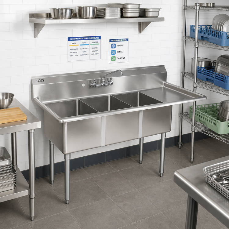Product image #2 for John Boos E-Series 3-Compartment Stainless Steel Sink with Right-Hand Drainboard, 47-1/2 x 19-1/2 x 43-3/4 Inches