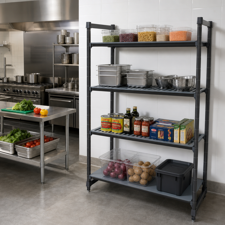 Product image #2 for Cambro Camshelving Basics Plus 4-Tier Stationary Polymer Shelving Starter Unit, 24 Inches D x 48 Inches W x 72 Inches H, Vented and Solid Shelves, Brushed Graphite