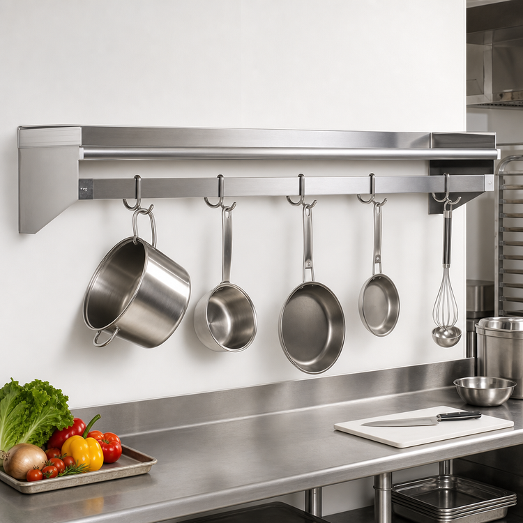 Product image #2 for Eagle Group 96 Inch Wall-Mounted Stainless Steel Pot Rack Shelf with Removable Hooks