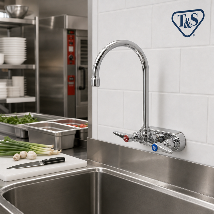 Product image #2 for T&S Brass 4-Inch Center Wall-Mount Workboard Faucet with 5-3/4-Inch Swivel Gooseneck, 2.2 GPM Aerator, and Lever Handles