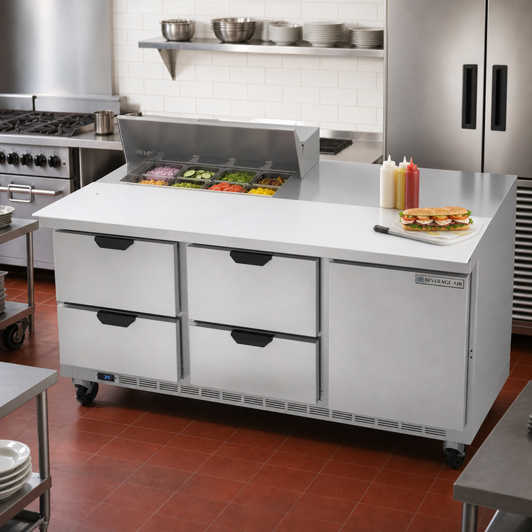 Product image #3 for Beverage Air 72-Inch Three-Section Sandwich Top Refrigerated Prep Table with 4 Drawers, 1 Door, and 8-Pan Top