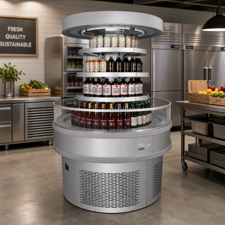 Product image #2 for Turbo Air TIOM-48RRS-N Island Display Self-Serve Refrigerated Merchandiser, 48 x 48-Inch, 3-Tier, 11.2 Cu. Ft., Stainless Steel, R-290