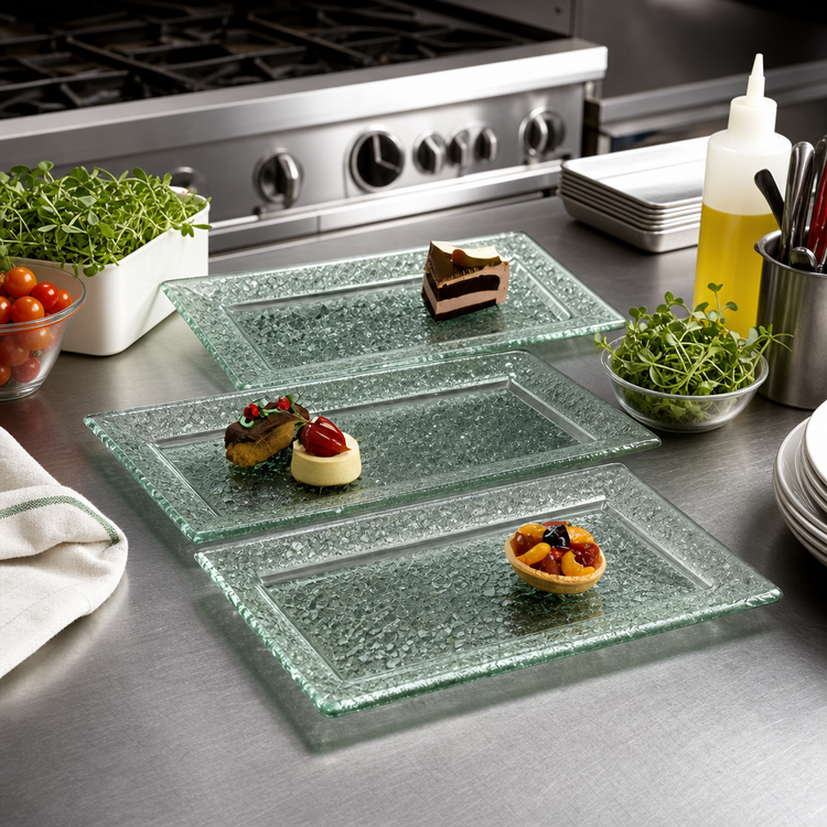 Product image #2 for American Metalcraft Glacier 18 x 9 Inch Rectangular Rimmed Green Bubble Glass Platter