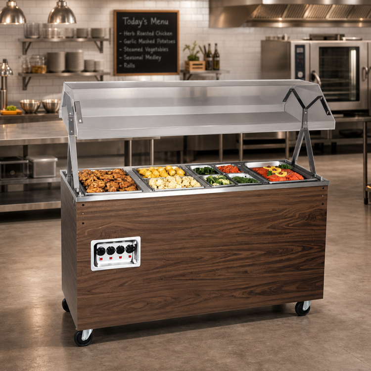 Product image #2 for Vollrath 2-Series Affordable Portable 4-Well Mobile Hot Food Station with Lighted Buffet Breath Guard and Sliding Door Storage Base, Cherry Woodgrain