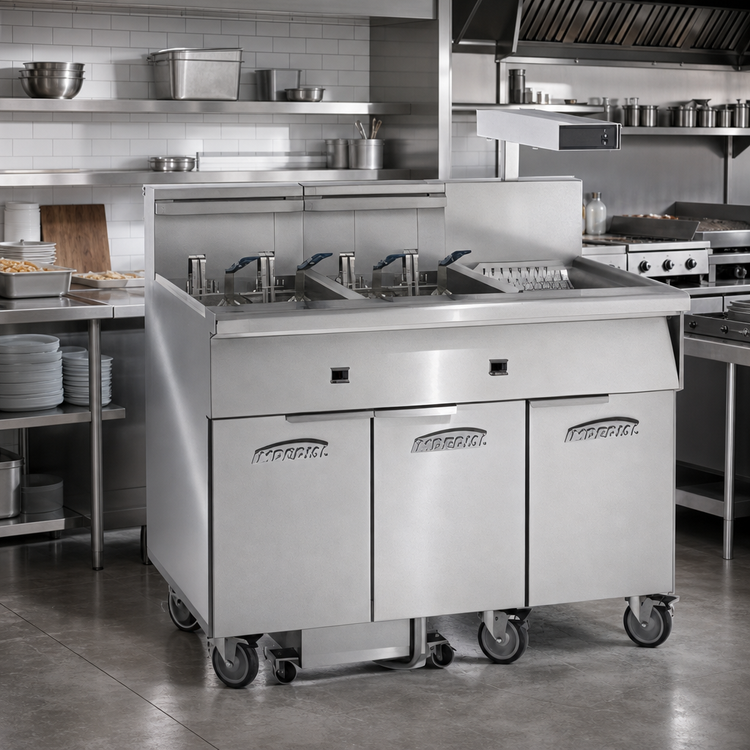 Product image #2 for Imperial Electric Floor Model 6-Tank Fryer with Built-In Filter System and Dump Station, 75 lb. Capacity Each
