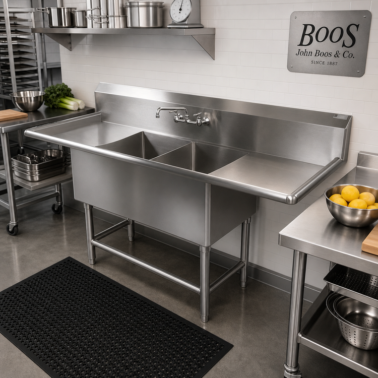 Product image #2 for John Boos Pro-Bowl 2-Compartment Stainless Steel Sink with Dual Drainboards and 10 Inch Backsplash, 71-1/4 Inch Wide