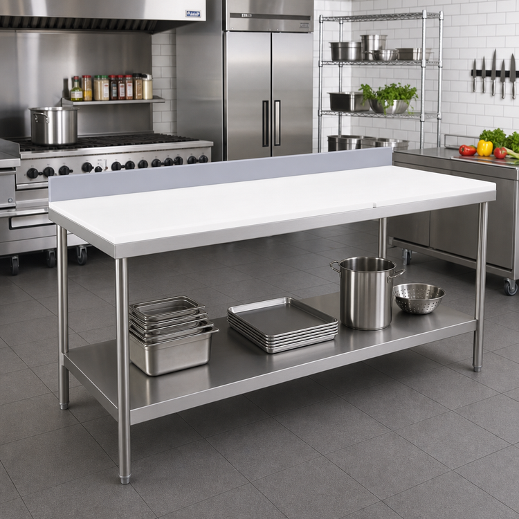 Product image #2 for Advance Tabco Poly-Vance 60-Inch x 30-Inch Poly Top Work Table with 6-Inch Stainless Steel Backsplash and Undershelf