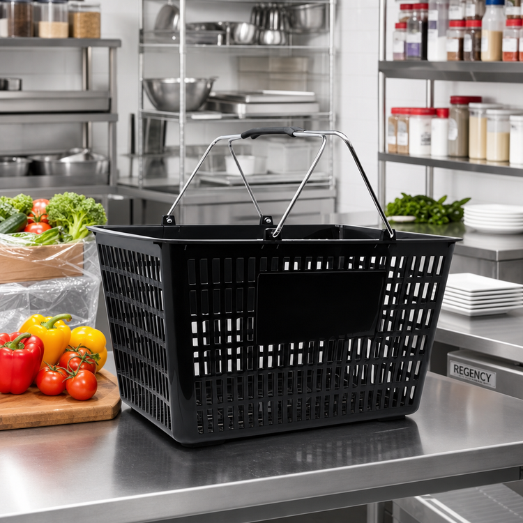 Product image #2 for Black Plastic Shopping Hand Basket with Coated Steel Handles, 50 lb Capacity
