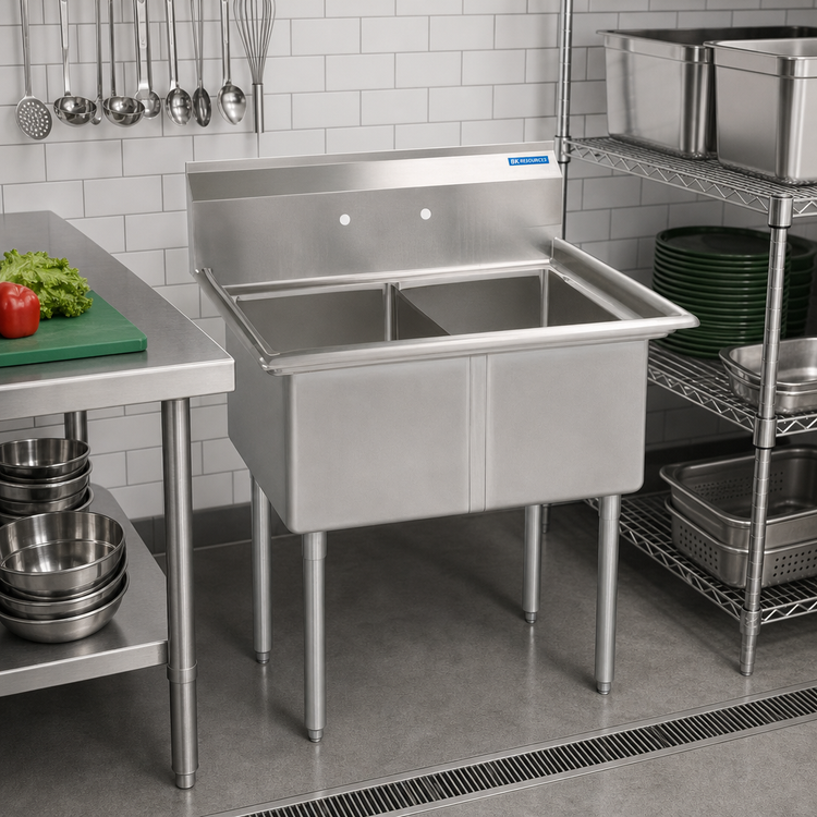 Product image #2 for BK Resources Two-Compartment Stainless Steel Commercial Sink with 9" Backsplash