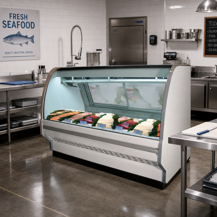 Product image #2 for Howard-McCray 40E Series Remote Fish/Poultry Service Case, 75.5 Inch Curved Glass, White