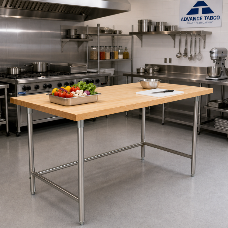 Product image #3 for Advance Tabco 96" x 36" Laminated Hard Maple Top Work Table with Stainless Steel Open Base