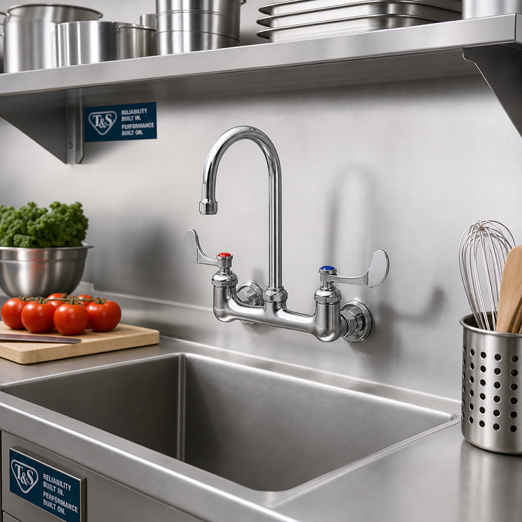Product image #2 for T&S Brass Wall-Mount Double Pantry Faucet with 8-Inch Adjustable Centers and 5-3/4-Inch Gooseneck Spout