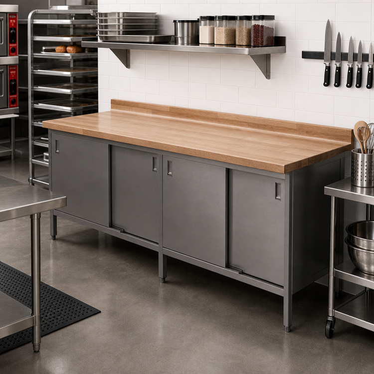 Product image #2 for John Boos 120"W x 24"D x 40-1/2"H Wood Top Work Table with Cabinet Base and Sliding Doors, 1-3/4" Thick Edge Grain Northern Hard Rock Maple Top