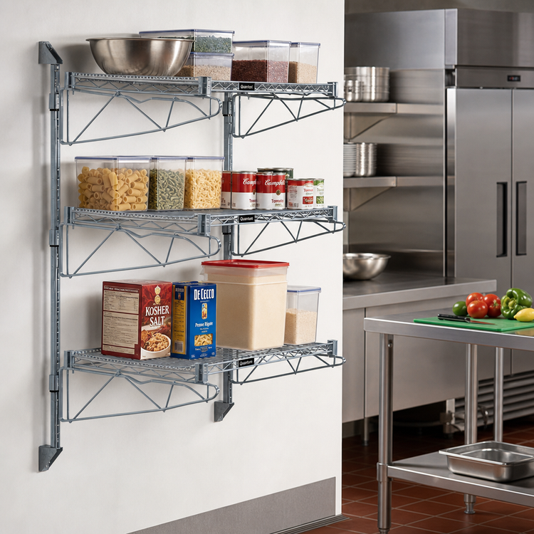 Product image #2 for Quantum Wall-Mounted Cantilever Starter Shelving Unit with 3 Wire Shelves, Gray Epoxy Antimicrobial Finish