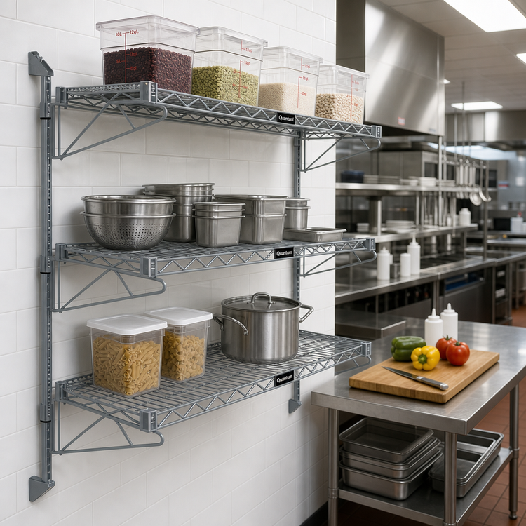 Product image #2 for Quantum Wall-Mounted Cantilever Starter Shelving Unit with 3 Wire Shelves, Gray Epoxy Antimicrobial Finish