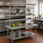 Thumbnail image #2 for Advance Tabco AUR-96 96-Inch Adjustable Table-Mounted Stainless Steel Pot Rack with 9 Plated Hooks