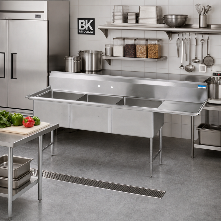 Product image #2 for BK Resources Three Compartment 16-Gauge Stainless Steel Sink with Right Drainboard