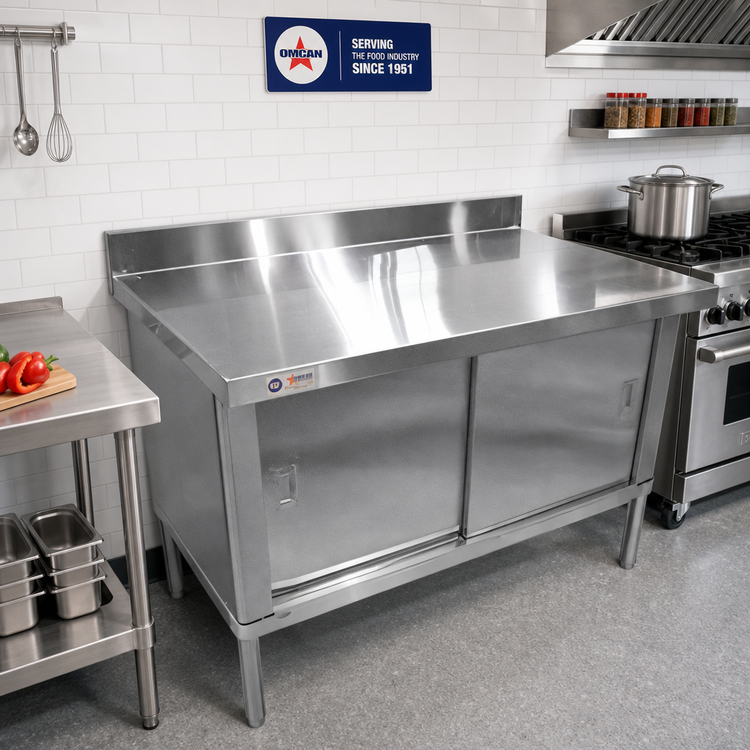 Product image #2 for Omcan USA 72-Inch Enclosed Work Table with Cabinet Base, Sliding Doors, and 4-Inch Backsplash