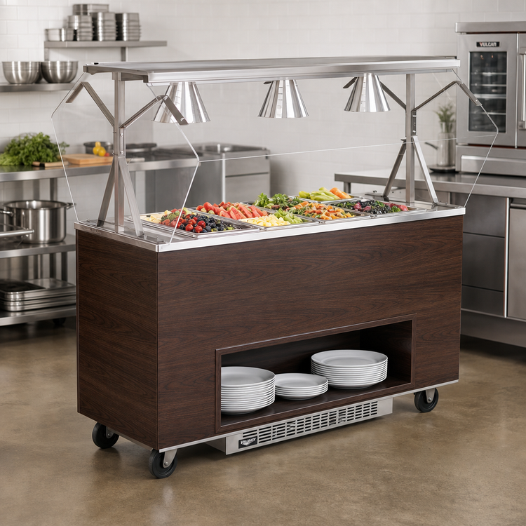 Product image #2 for Vollrath 2-Series Affordable Portable 4-Pan Non-Refrigerated Cold Food Station with Lights, Buffet Breath Guard, Open Storage Base, Walnut Woodgrain