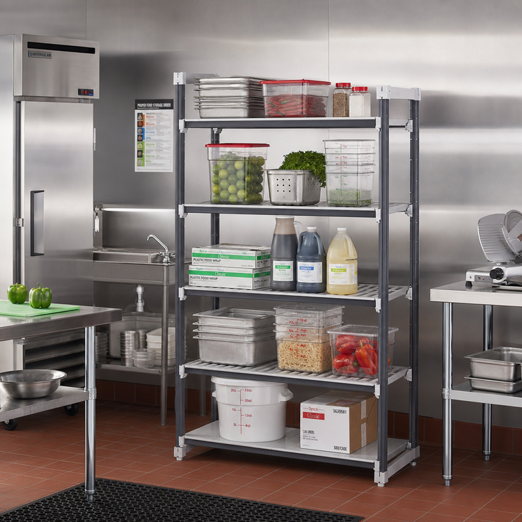 Product image #2 for Cambro Camshelving Elements XTRA 21-Inch Deep x 30-Inch Wide x 84-Inch High 5-Tier Stationary Starter Polymer Shelving Unit, Speckled Gray
