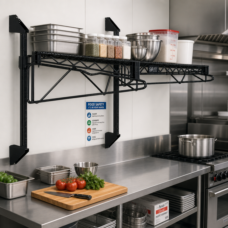 Product image #2 for Quantum Wall-Mount Cantilever Single Shelf Wire Shelving Unit, 72 x 24 Inch, Black Epoxy Antimicrobial