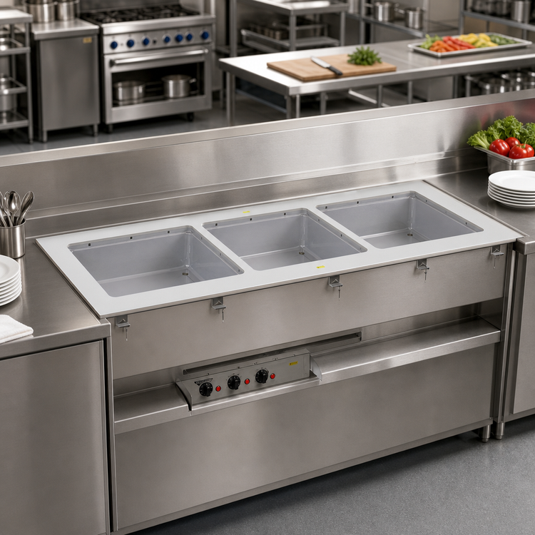 Product image #2 for Vollrath Short-Side Modular 3-Pan Marine-Grade Stainless Steel Drop-In Hot Well with Thermostatic Controls, Auto-Fill, and Manifold Drain