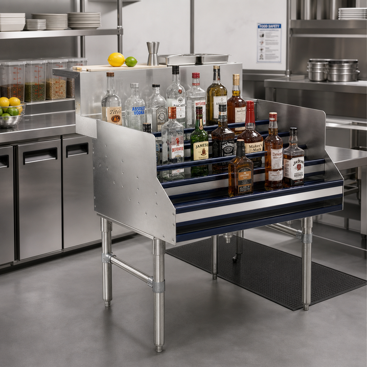 Product image #2 for Prestige 5-Step Freestanding Stainless Steel Liquor Bottle Display Unit with Rear Storage Deck